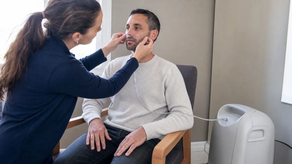 Professionnelle de santé ajustant une canule d’oxygène à un patient assis