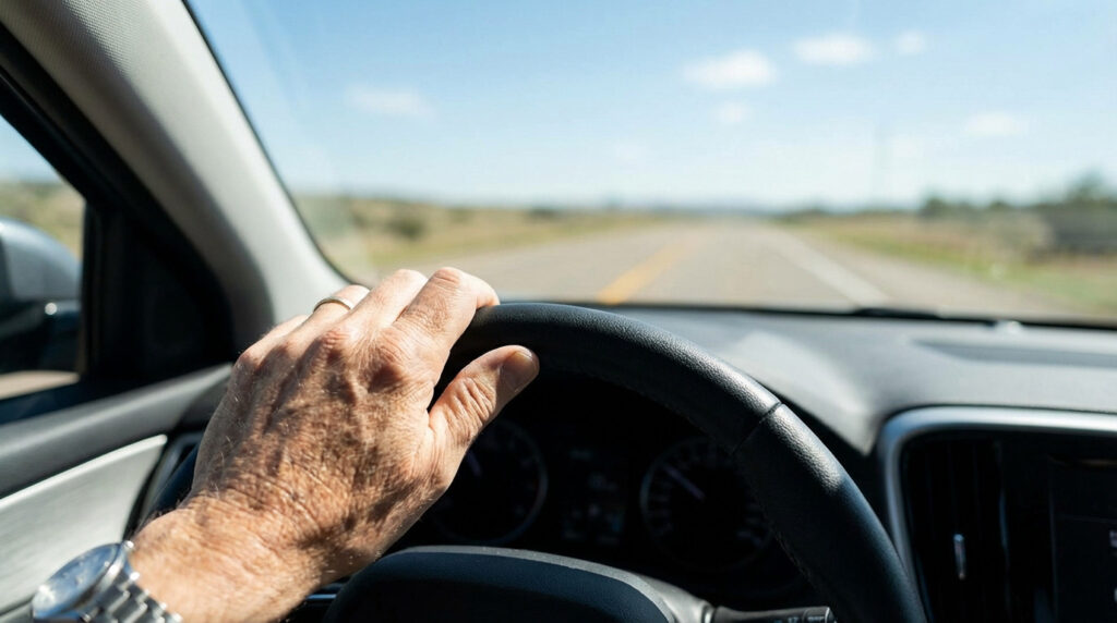 Close-up of a middle-aged hand with a ring gripping a modern black steering wheel. Blurred open road under a clear, optimistic sky.