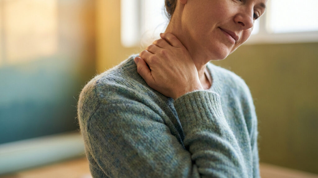 Woman gently massaging her neck with a serene expression, finding relief from tension. Soft lighting, blurred background.