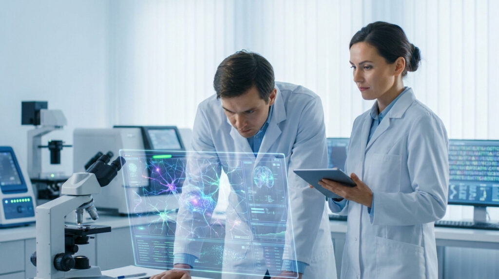 Medical researchers analyze intricate neural pathways on a glowing holographic display in a high-tech lab, one holding a tablet.