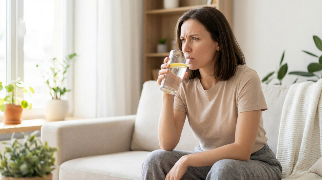 Young woman with a concerned expression sips lemon water from a glass while seated on a sofa in a bright, minimalist living room.