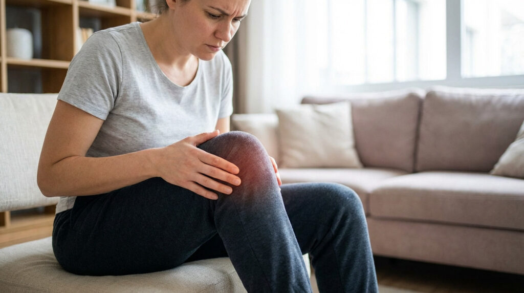 A woman in athletic wear sits on a couch, gently touching her knee with a concerned expression. Her knee shows subtle redness.