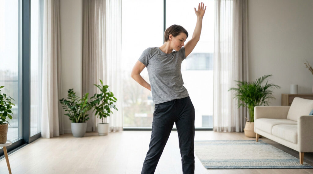 Woman in athletic wear gently stretching her lower back in a bright, modern living room with large windows and plants.
