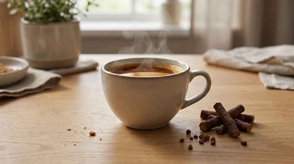 Close-up of a steaming chicory drink in a creamy cup on a wooden surface. Roasted chicory roots and granules are artfully arranged beside it, with a softly blurred natural light background.