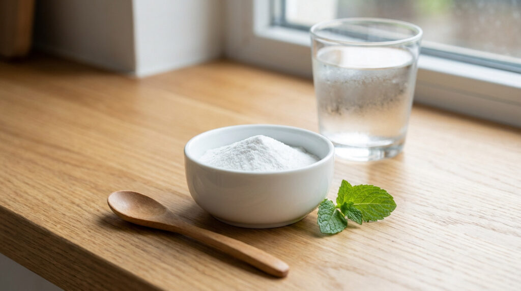 A white bowl of baking soda, wooden spoon, fresh mint leaves, and a glass of water on a light wood surface, naturally lit.