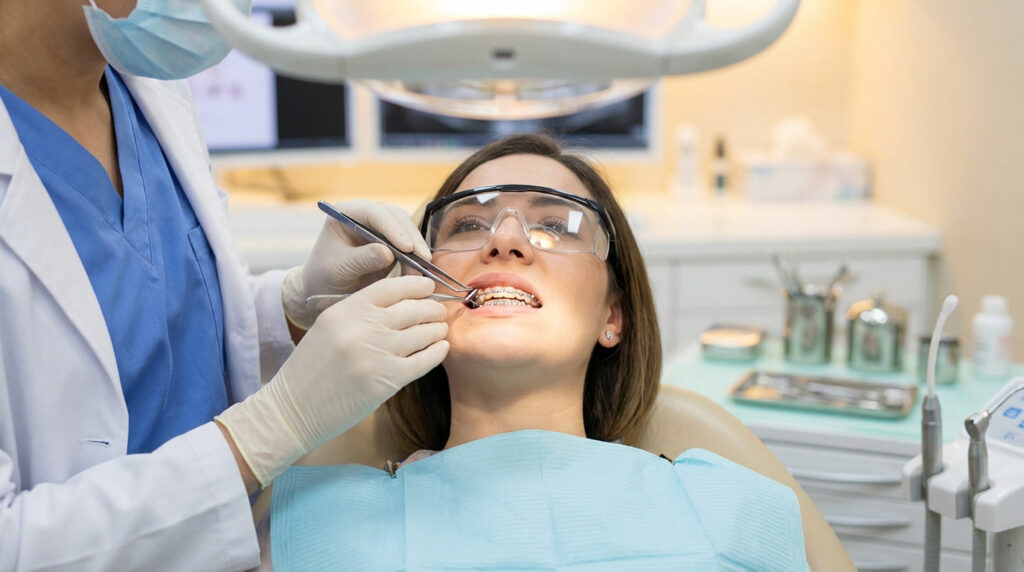 Une professionnelle dentaire en blouse et masque installe un appareil dentaire sur les dents d'une patiente, qui porte des lunettes.