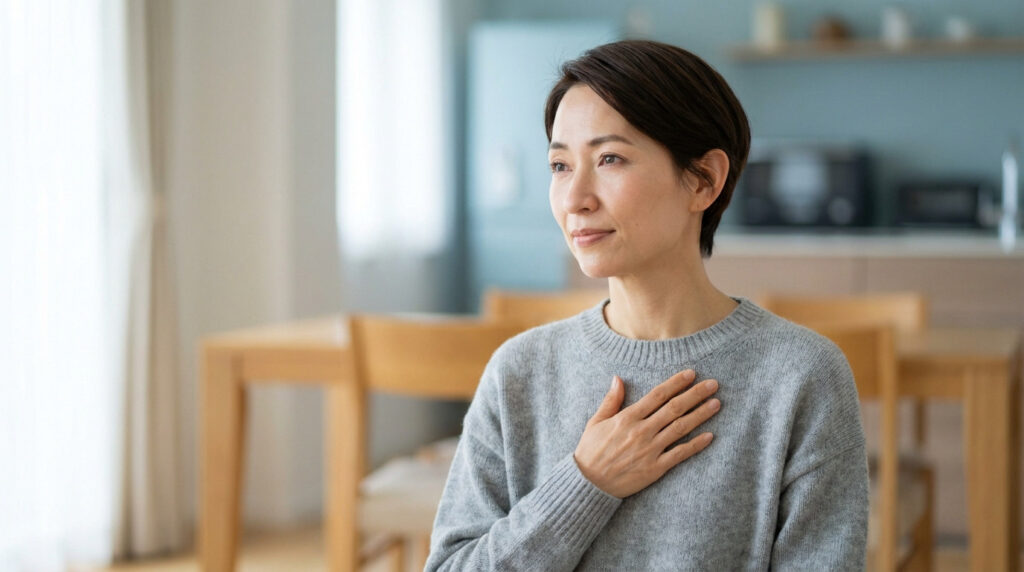 Medium close-up of a thoughtful woman in a grey sweater, hand on chest, contemplating health in a calm, blurred modern home.
