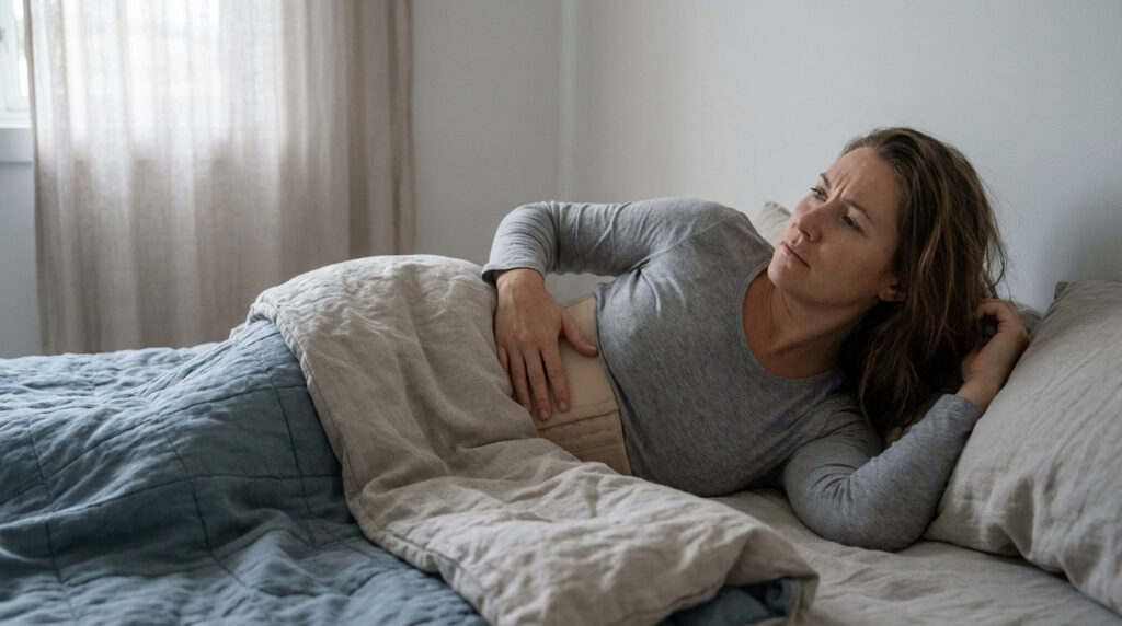 Femme couchée dans son lit, portant une gaine ventre et touchant son abdomen, avec un air pensif ou inconfortable.