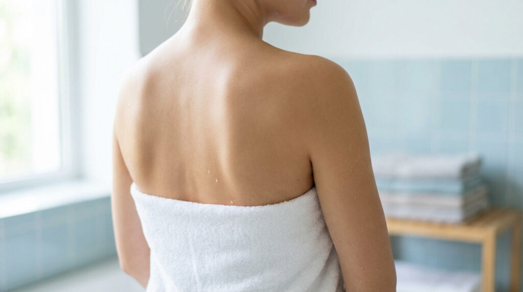 Upper back of person in white towel, healthy skin with water droplets, bright spa-like setting. Emphasizes well-being.