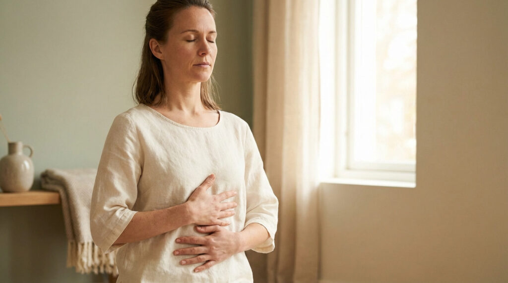 Une femme aux yeux clos, mains posées sur son abdomen, pratiquant la respiration profonde ou un auto-massage doux dans un intérieur calme et lumineux.