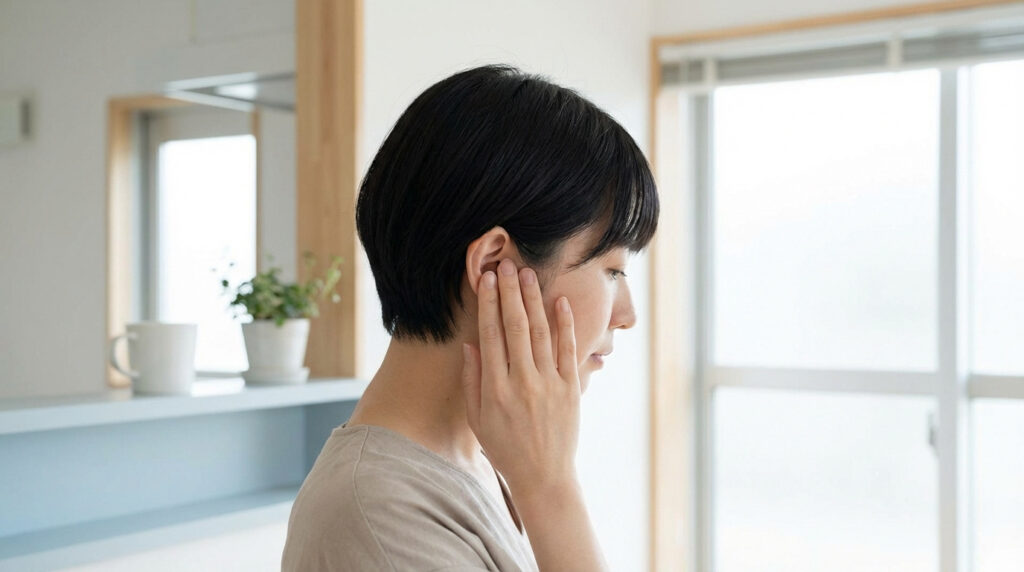 Femme asiatique aux cheveux courts touchant son oreille droite, visage pensif. Elle pourrait ressentir une gêne ou un blocage.