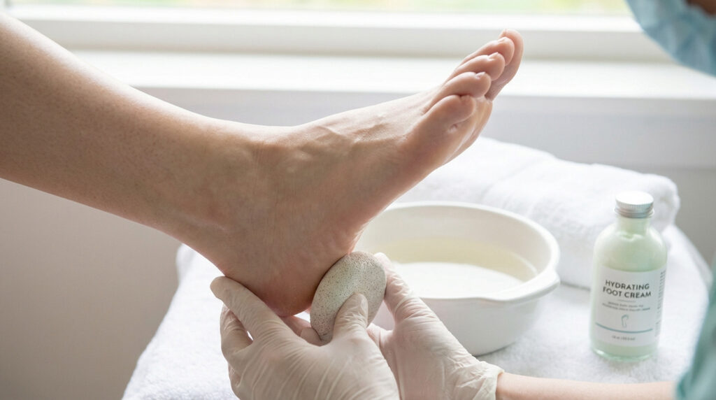 Une personne avec des gants exfolie le talon d'un pied avec une pierre ponce. Un bol d'eau et une crème hydratante sont visibles.