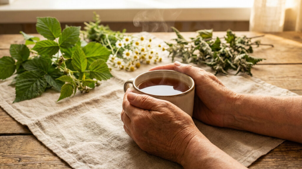Mains tenant une tasse de tisane fumante. Sur table en bois, feuilles de framboisier, camomille et herbes séchées. Lumière naturelle.