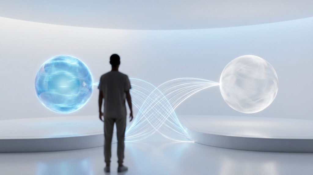 Un homme observe deux sphères lumineuses, une bleue et une blanche, reliées par des lignes de lumière futuristes, symbolisant un choix.
