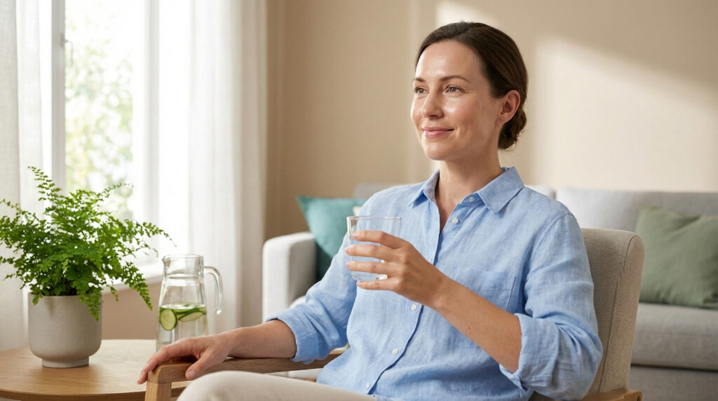 Une femme souriante en chemise bleue boit un verre d'eau dans un salon lumineux, avec une carafe d'eau au concombre et une plante verte sur la table.