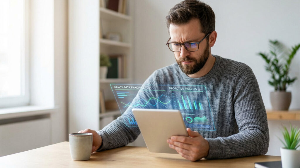 Un homme barbu aux lunettes analyse des données de santé projetées en hologramme au-dessus de sa tablette.