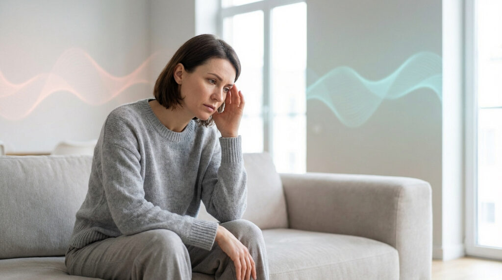 Femme sur un canapé, visage marqué par la douleur, une main sur la tempe. Ondes rouges et bleues sur le mur symbolisent maux de tête et tension.