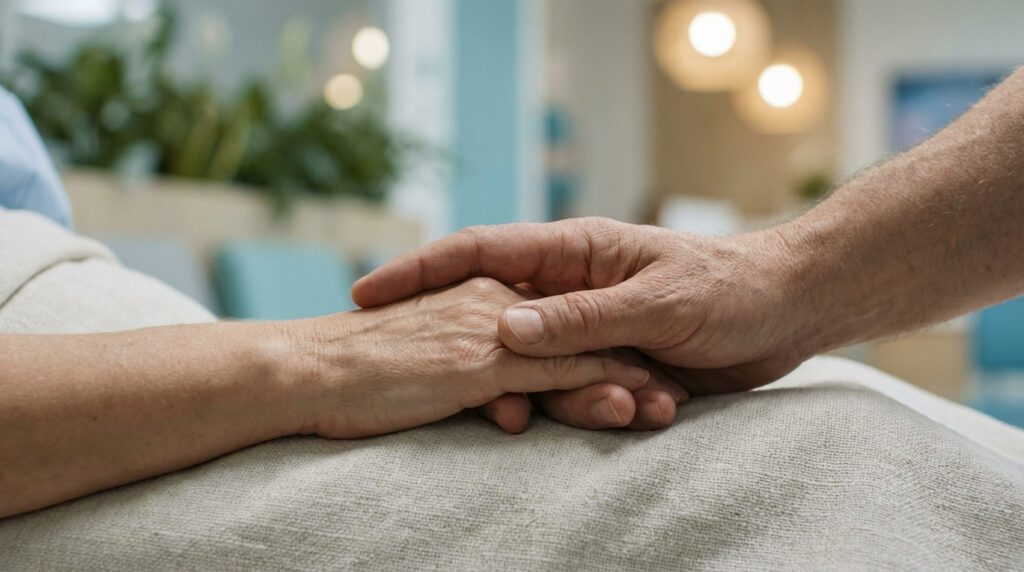 Deux mains, l'une âgée et l'autre plus robuste, se tiennent délicatement sur un tissu clair, évoquant soutien et empathie.
