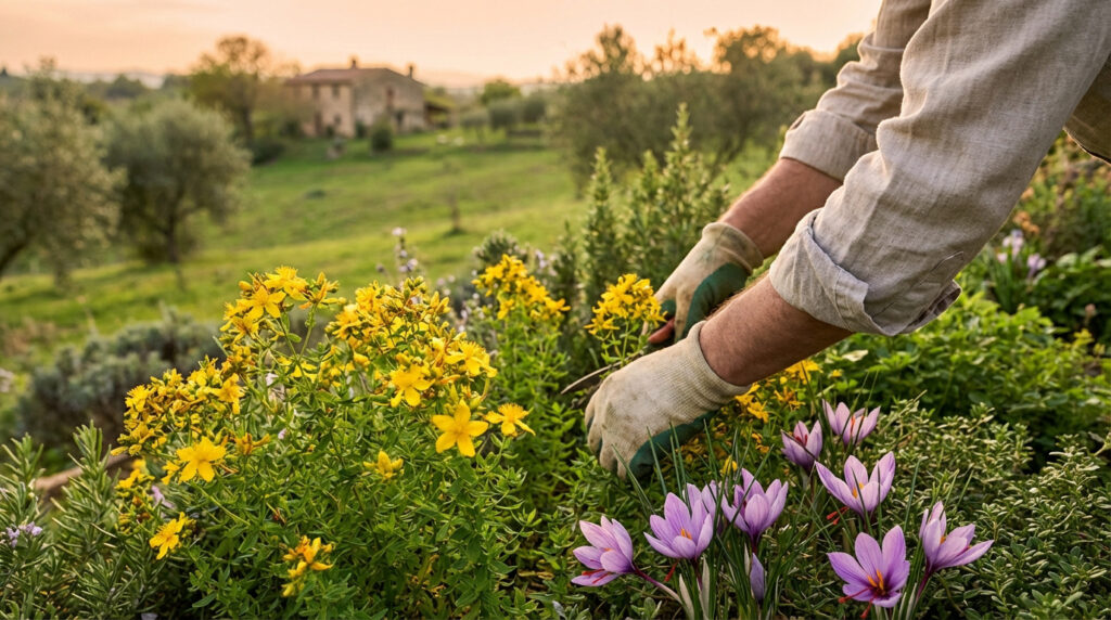 Mains gantées récoltant des fleurs jaunes (millepertuis) et violettes (safran) dans un jardin méditerranéen ensoleillé, bâtiment rural au loin.