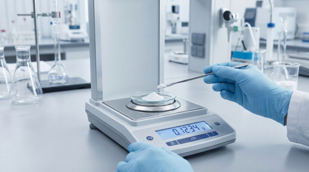 Une main gantée de bleu pèse une poudre blanche sur une balance de laboratoire numérique affichant 0.1234 g.