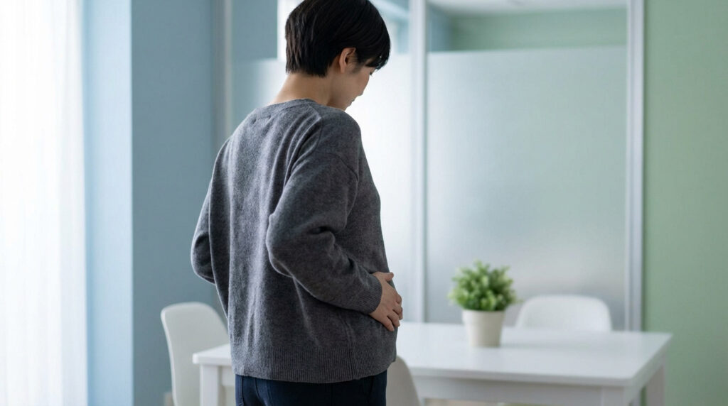 Une personne aux cheveux courts, en pull gris, se tient de profil, les mains sur le bas-ventre, regardant son abdomen avec inquiétude.