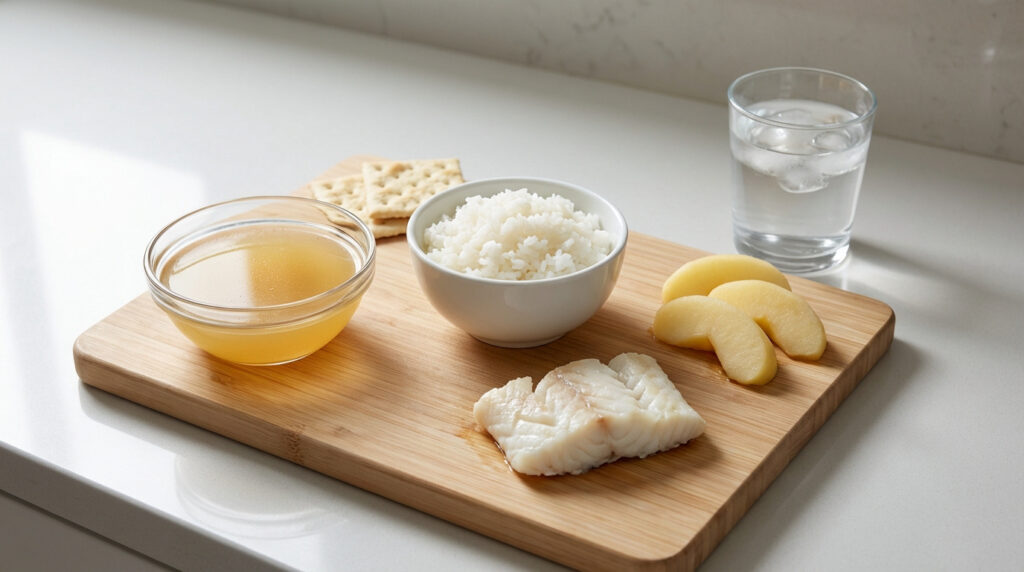Un plateau en bois avec bouillon, riz blanc, poisson cuit, tranches de pomme pelée, biscuits secs et un verre d'eau.