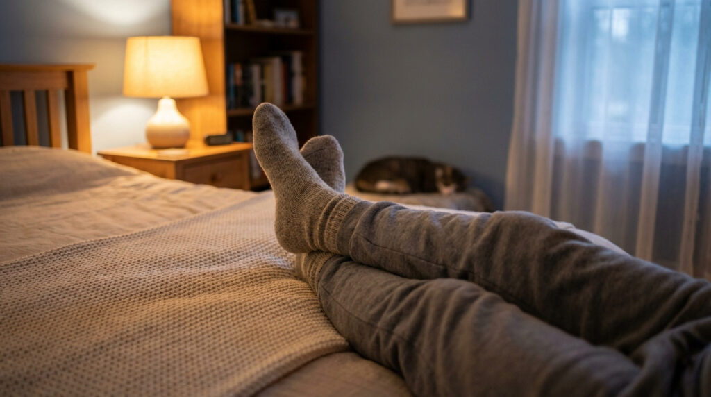 Personne allongée sur un lit, pieds croisés en chaussettes grises et jogging. Lampe de chevet et chat endormi en arrière-plan.