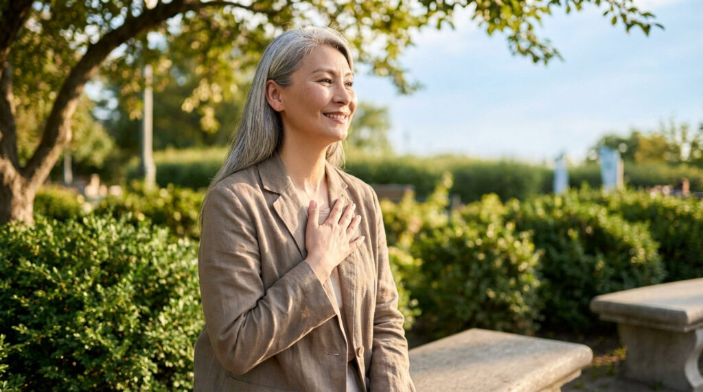 Femme d'âge mûr aux cheveux gris, souriante, la main sur le cœur, dans un parc ensoleillé, symbolisant la sérénité.