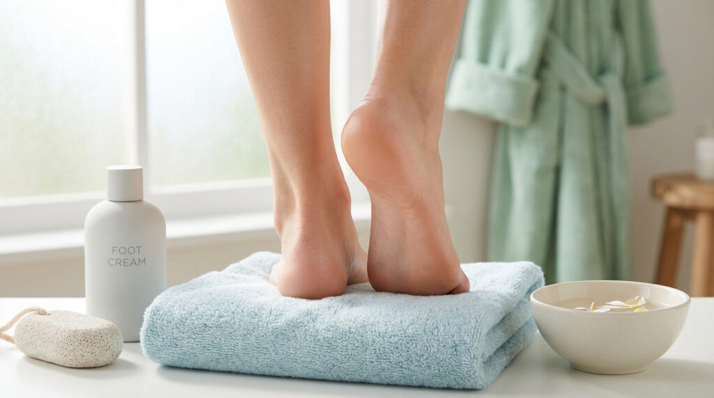 Pieds nus sur une serviette turquoise avec crème, pierre ponce et bol d'eau florale pour un soin anti-corne.