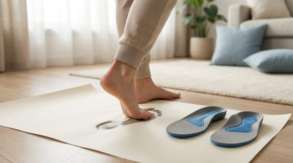 Gros plan sur les pieds d'une personne effectuant un test d'empreinte pour pied creux, avec des semelles orthopédiques à côté.