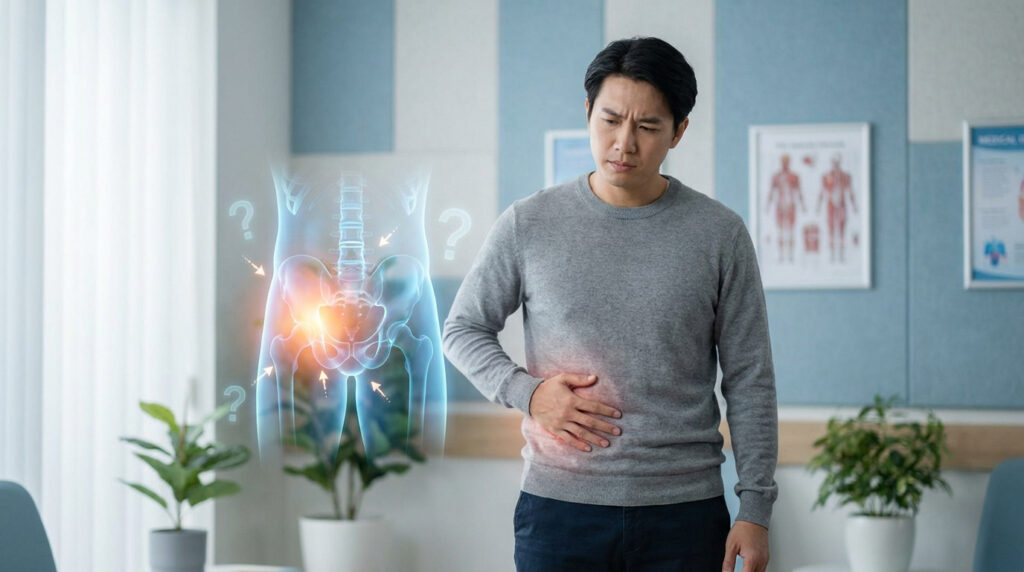 Homme en salle d'attente médicale, main sur le ventre. Une image holographique de l'abdomen indique une douleur à droite.