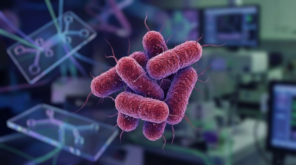 Illustration 3D de bacilles rouges de Klebsiella pneumoniae avec filaments, sur fond flou de laboratoire et dispositifs microfluidiques.