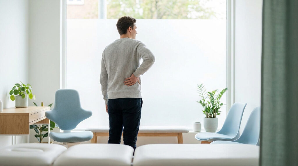 Homme avec lumbago, main sur le dos, attendant dans une salle de soins lumineuse avec mobilier moderne et plantes.