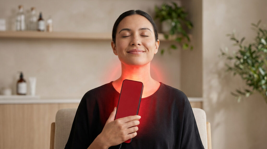 Femme relaxée recevant une thérapie par lumière rouge sur sa thyroïde avec un appareil portatif, le cou lumineux.