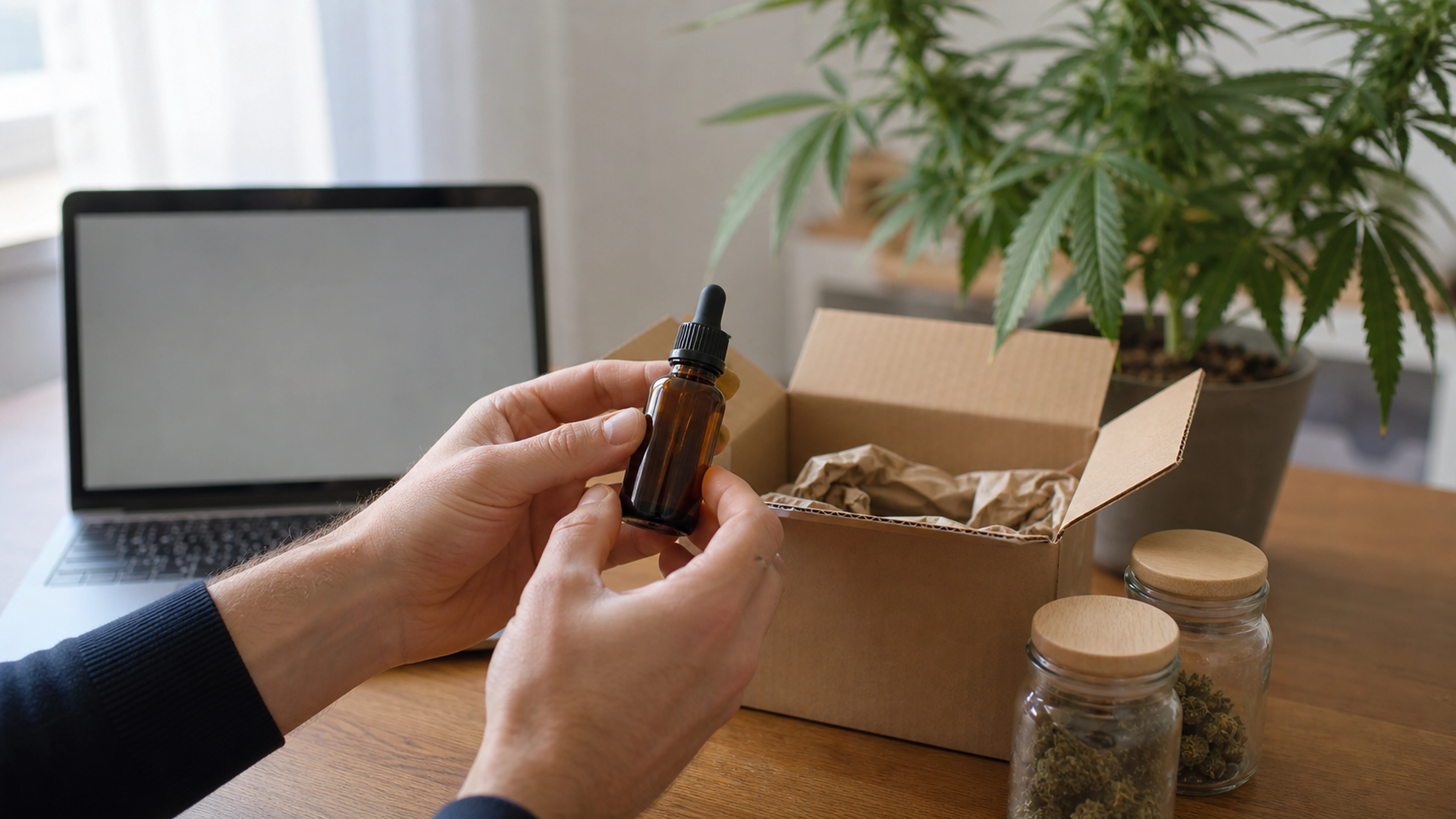 Consommateur comparant des produits CBD sans marque reçus d’une boutique en ligne