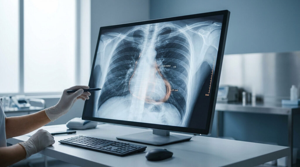 Médecin analysant une radiographie pulmonaire sur écran, le cœur et médiastin sont délimités par des annotations médicales.