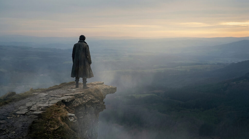 Vue de dos d'une personne en manteau sur une falaise brumeuse, regardant un vaste paysage lointain et nuageux au lever du soleil.