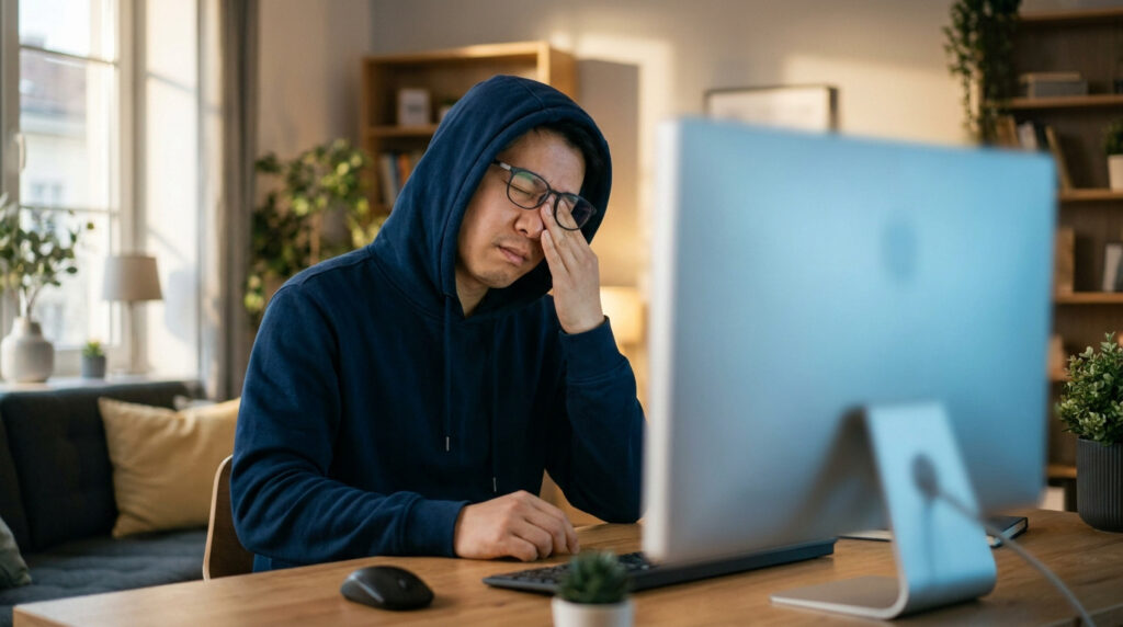 Un homme en hoodie et lunettes se frotte les yeux, fatigué devant son écran d'ordinateur à la maison.