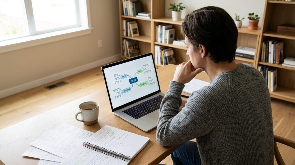 Homme étudiant un mind map sur un laptop pour améliorer sa concentration et son organisation, entouré de notes et d'une tasse de café.
