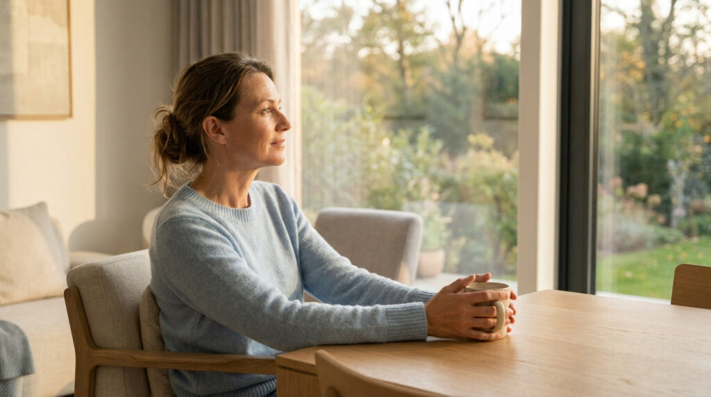 Femme en pull bleu, assise à une table, regardant pensivement un jardin lumineux à travers une grande fenêtre, tenant une tasse.