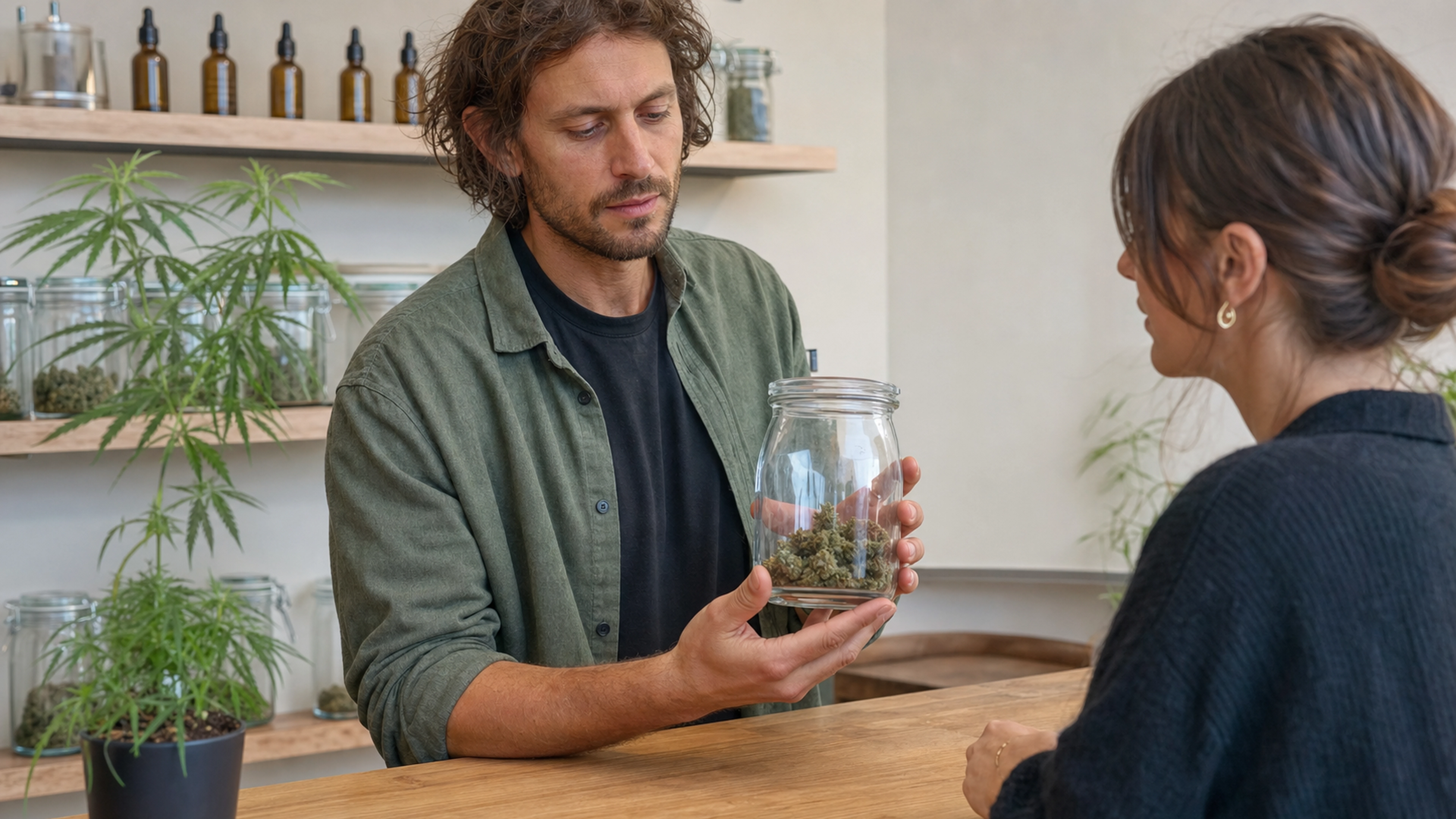 Conseil entre vendeur et cliente dans une boutique française de CBD sans marque