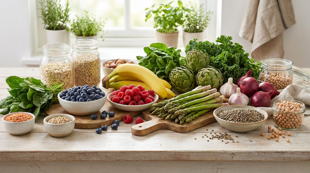 Assortiment d'aliments sains, incluant fruits, légumes, céréales et légumineuses, disposés sur une table en bois.