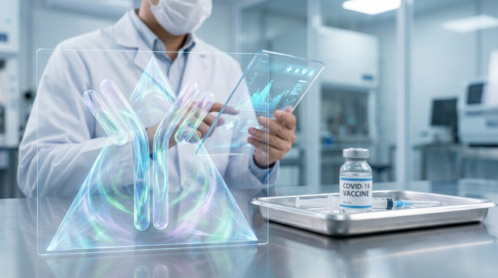 Chercheur dans un laboratoire manipulant une interface holographique d'anticorps avec un vaccin COVID sur la table.