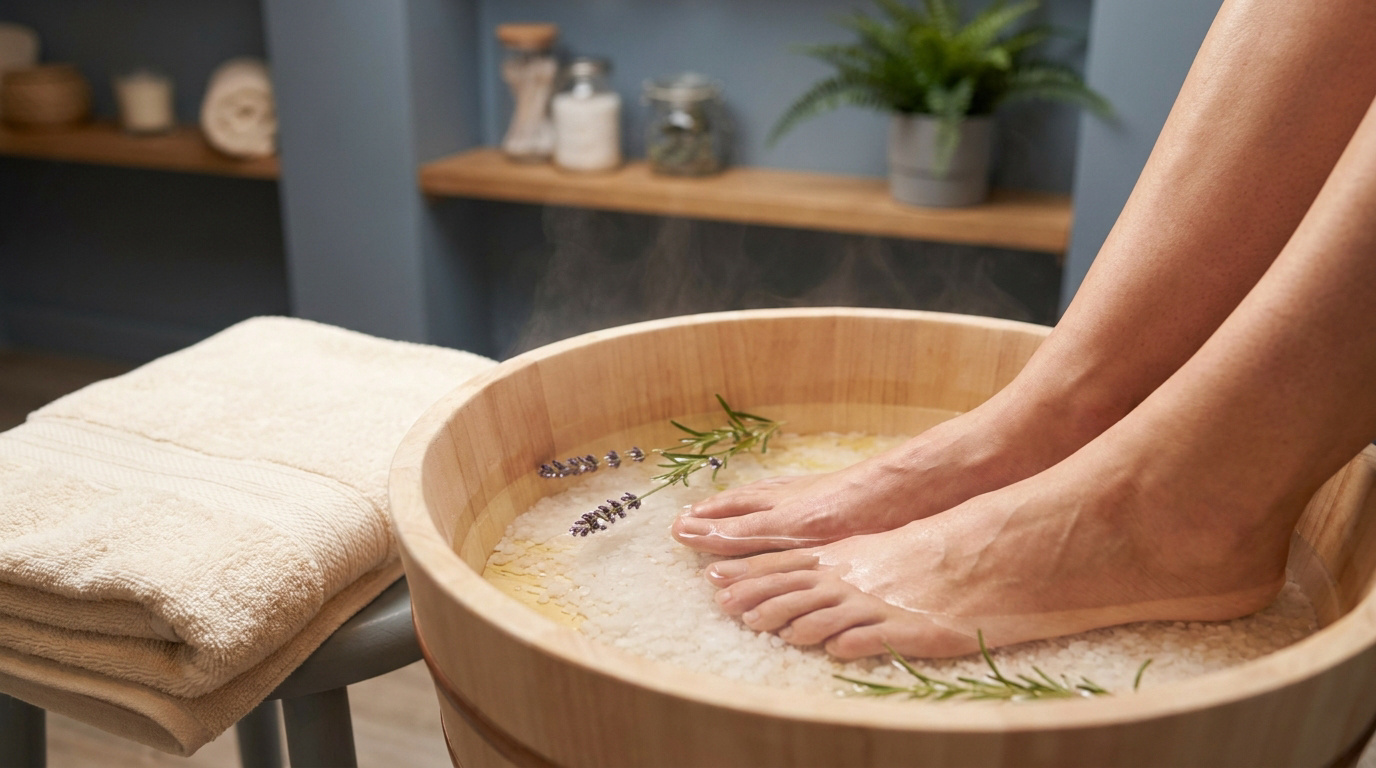 Pieds dans une bassine en bois avec de l'eau chaude, du sel et des plantes pour soulager une épine calcanéenne.