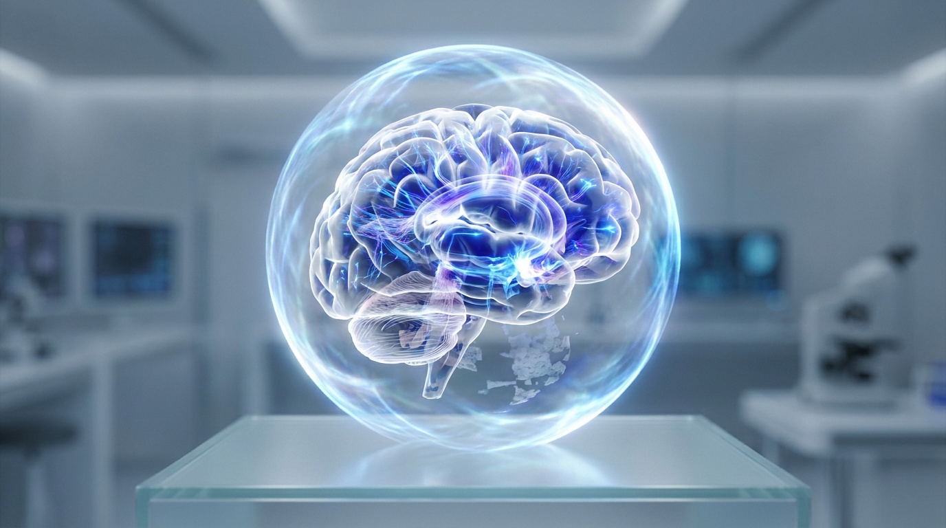 Un cerveau humain en 3D brillant dans une sphère d'énergie au centre d'un laboratoire de recherche médical.
