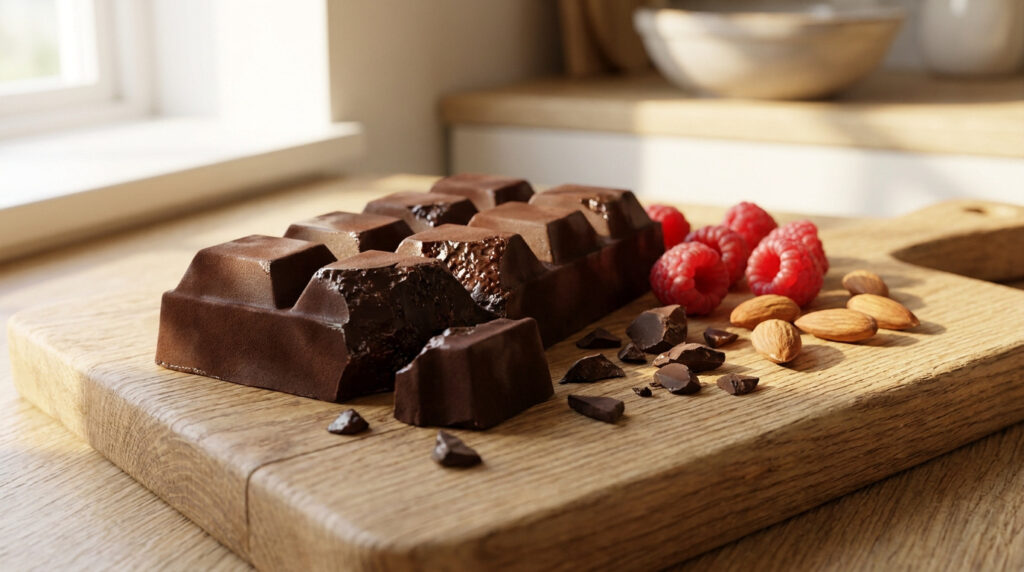Tablette de chocolat noir avec des framboises fraîches et des amandes sur une planche en bois.
