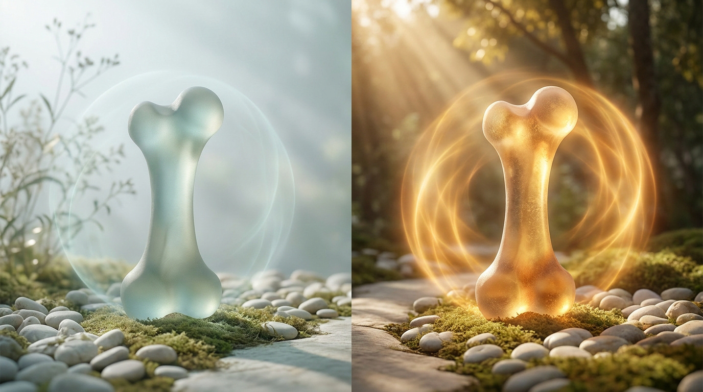 Illustration comparative montrant un os translucide aux tons froids et un os lumineux aux tons dorés dans un jardin.