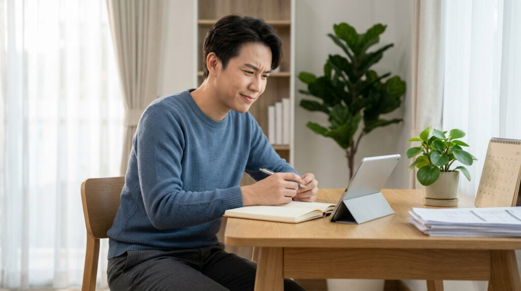 Un homme en pull bleu travaille chez lui devant une tablette, semblant pensif ou concentré face à une difficulté.