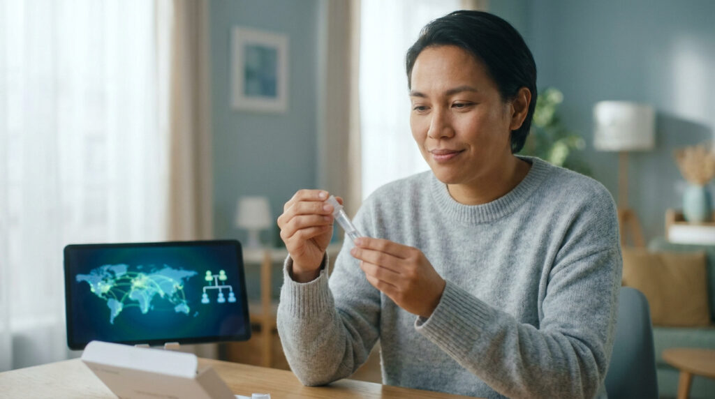 Personne souriante tenant un tube de prélèvement ADN devant une tablette affichant une carte du monde et un arbre généalogique.