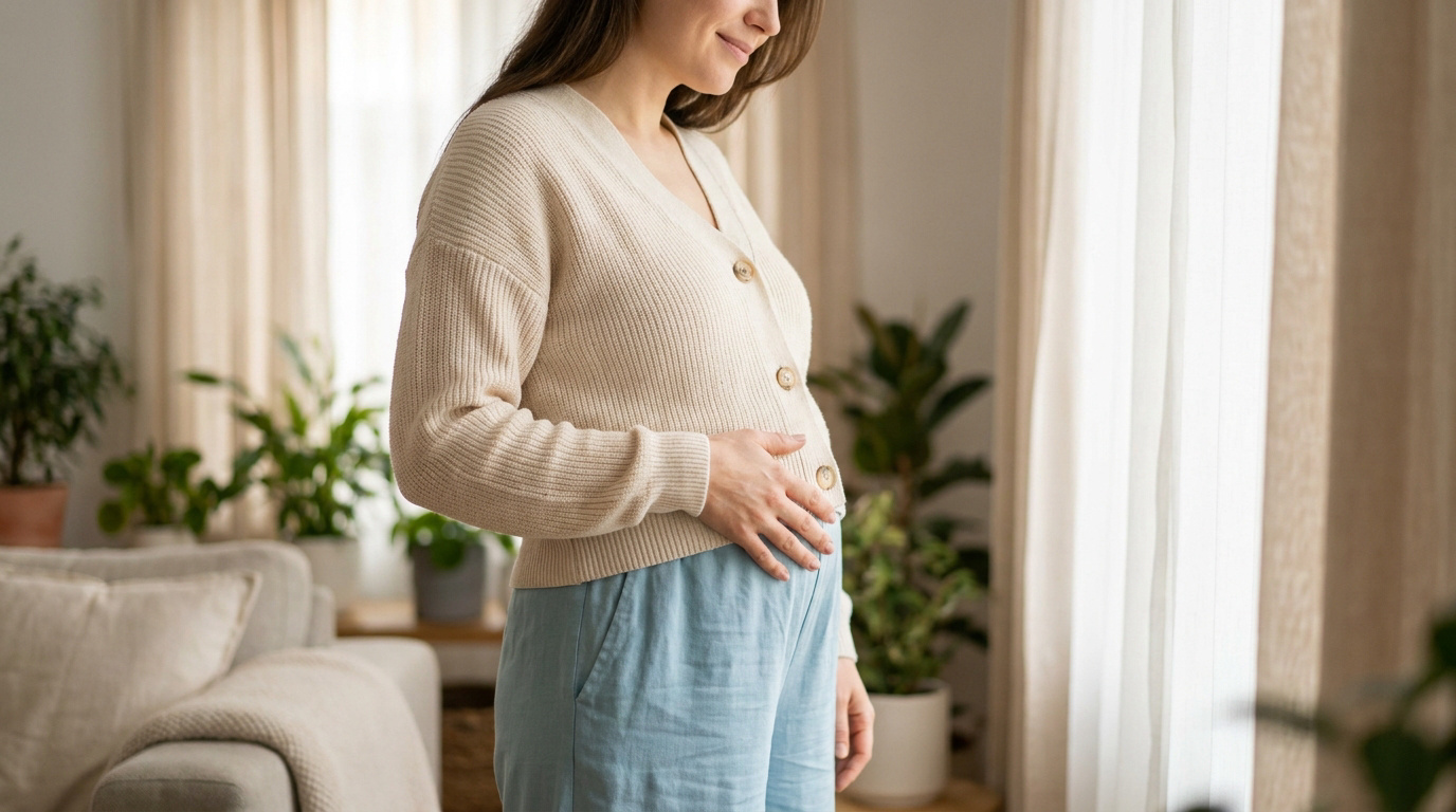 Femme enceinte souriante vêtue d'un gilet beige et d'un pantalon bleu, posant ses mains sur son ventre.